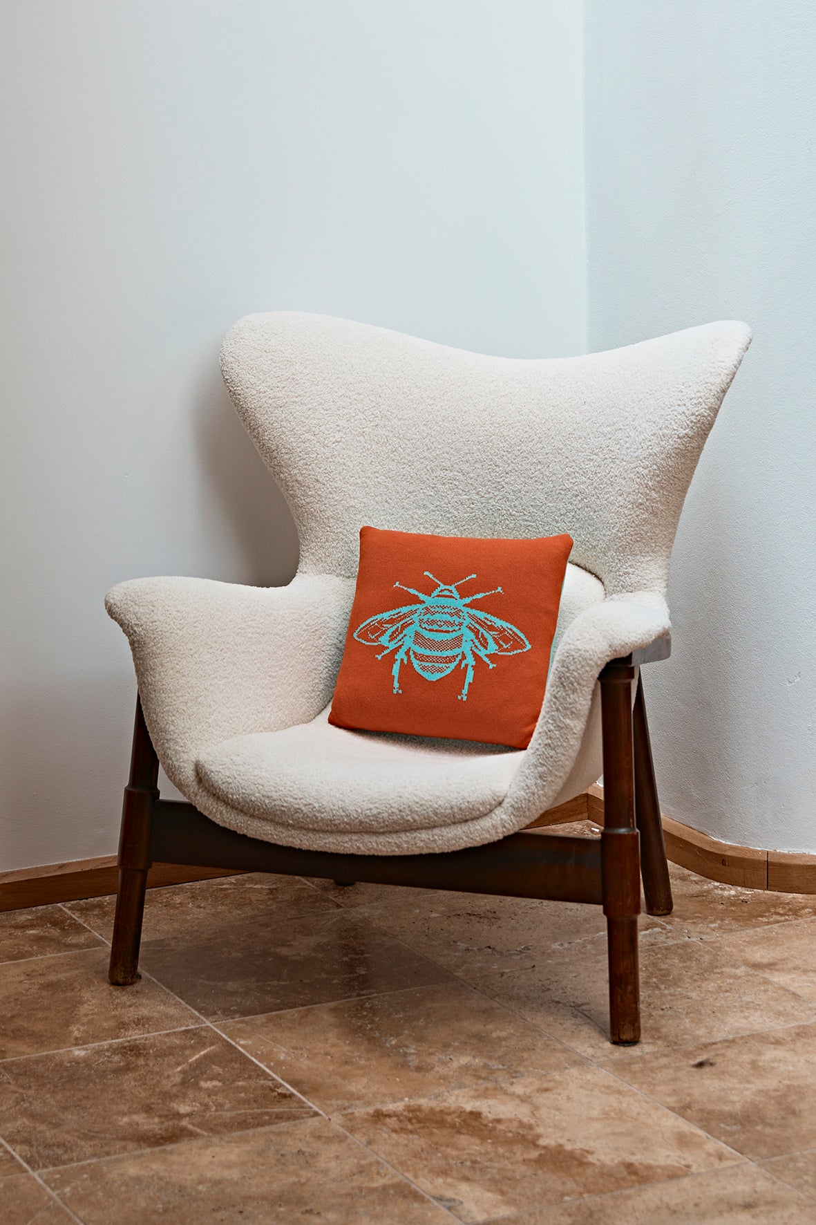 Zero Waste Knitted Bee Cushion in Orange and Mint